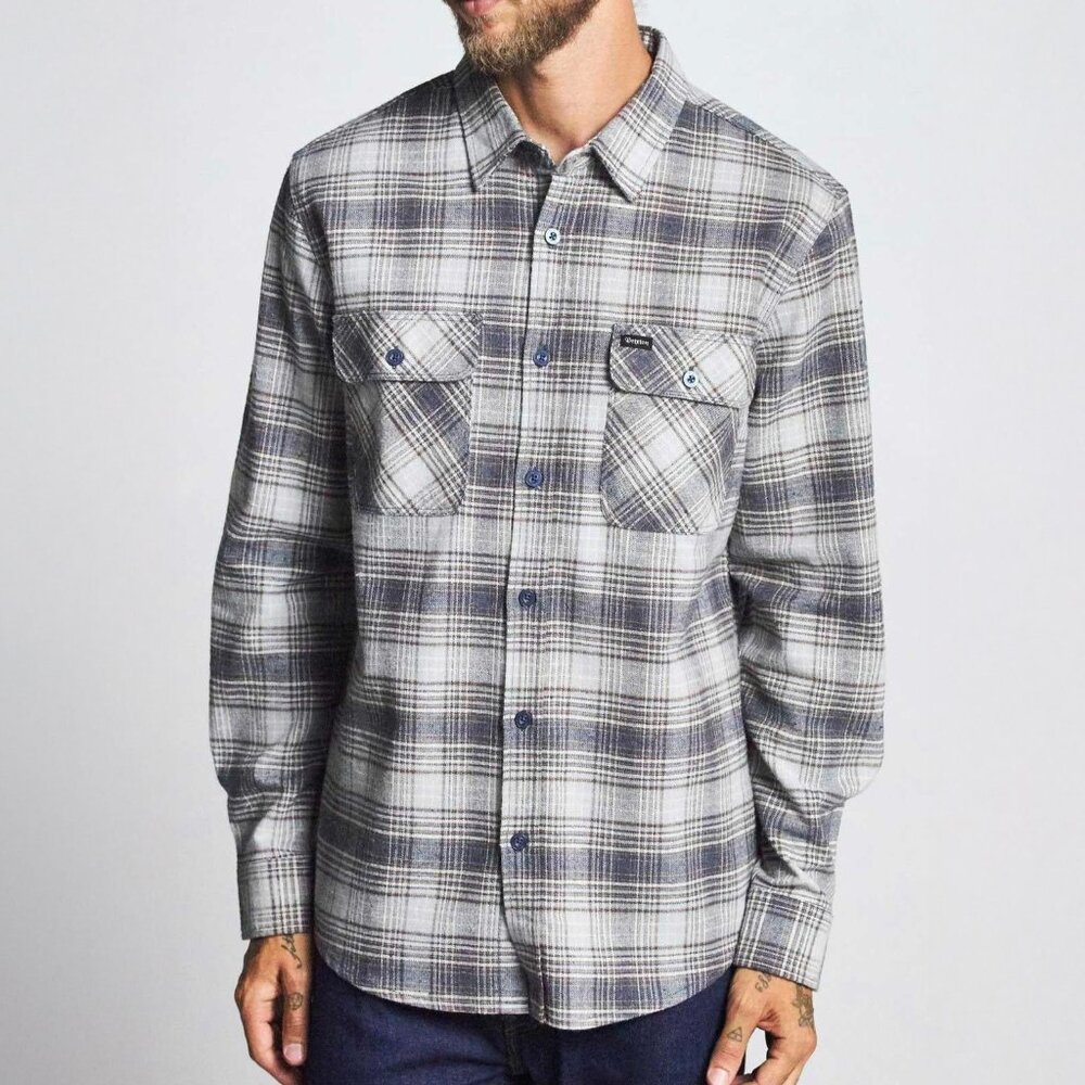 Brixton Bowery Plaid Flannel Long Sleeve Button Up Shirt Grey Business Casual
